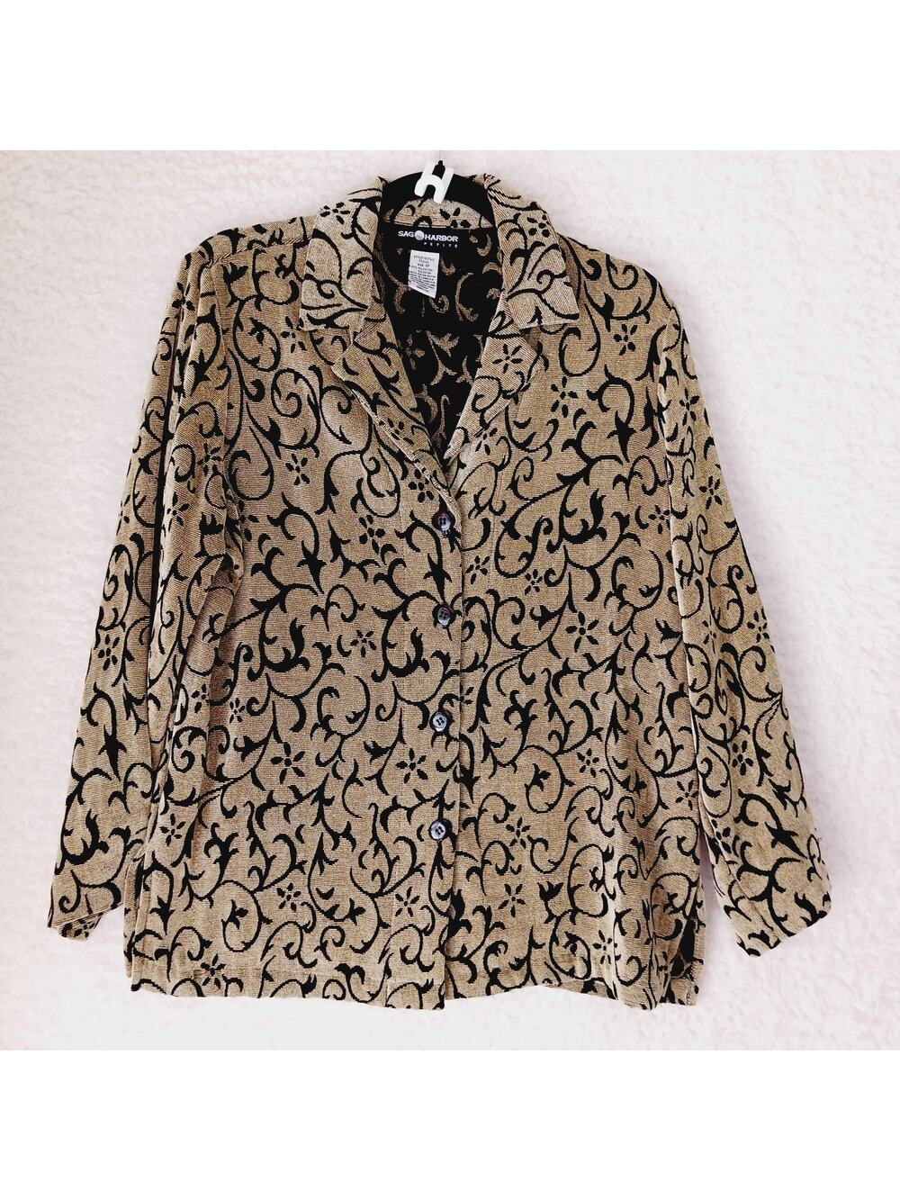 Jacket Women Button-Up Black Tan Side Slits Tweedy Floral Vines V-Neck Size 8P